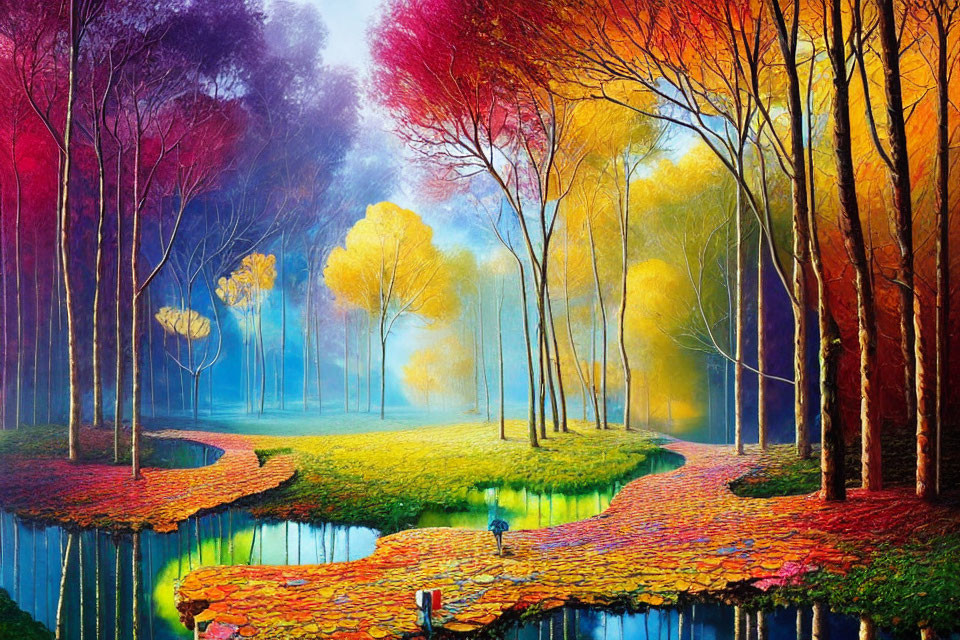 Colorful surreal forest with rainbow trees, leafy path, and blue stream