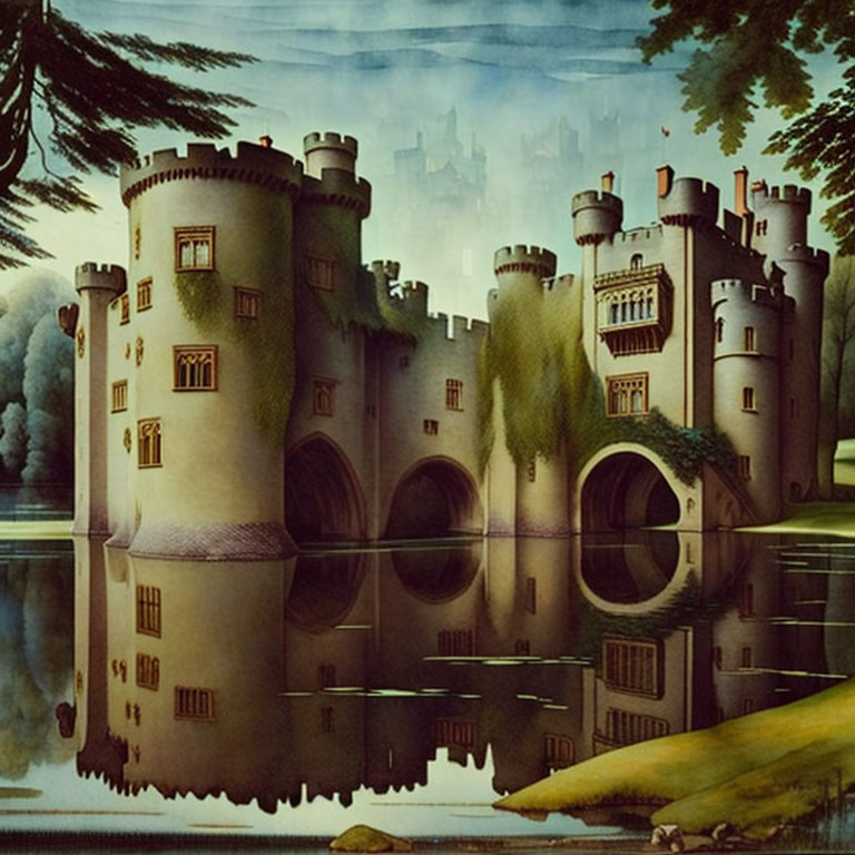 Surreal castle reflection in serene water landscape