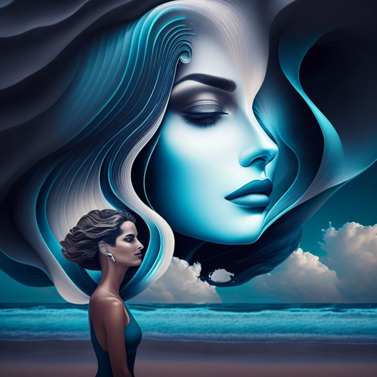 Woman with Blue Hair Merging into Ocean Waves at Twilight