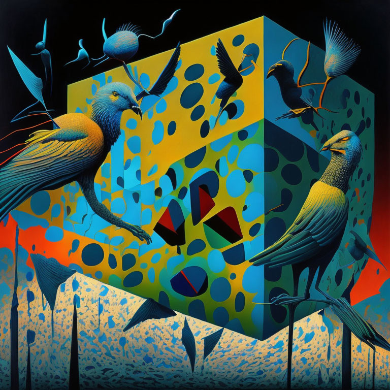 Colorful surrealistic painting of birds around patterned cube