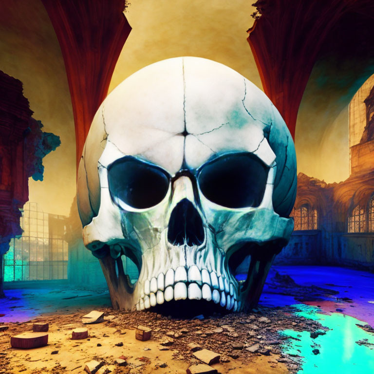 Artistic human skull in apocalyptic scene with cracked columns and eerie blue glow