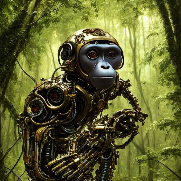 Robot with Monkey Face in Misty Green Forest