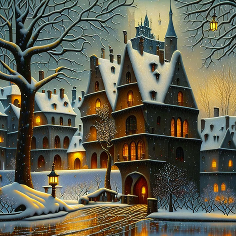 Snow-covered village with gingerbread-like houses and street lamps under twilight sky