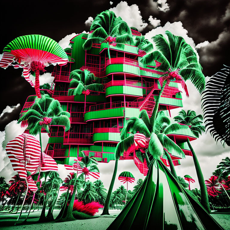 Vivid Infrared-style Tropical Scene with Palm Trees and Building Balconies