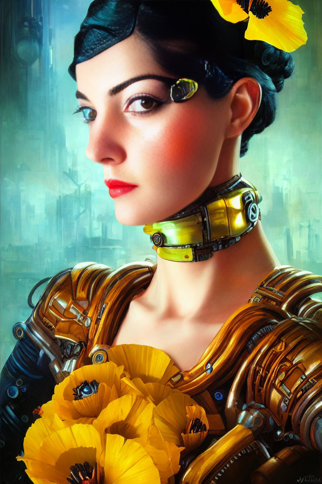 Portrait of woman with cybernetic body, yellow flowers, and futuristic headset against cityscape.