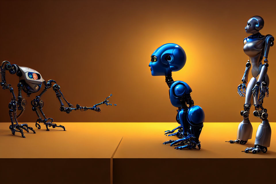 Three Futuristic Robots Displayed Against Orange Backdrop