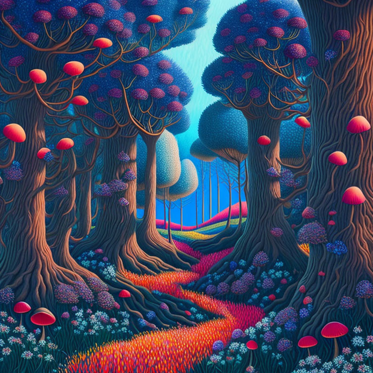 Fantastical forest with colorful trees and exaggerated mushrooms at twilight