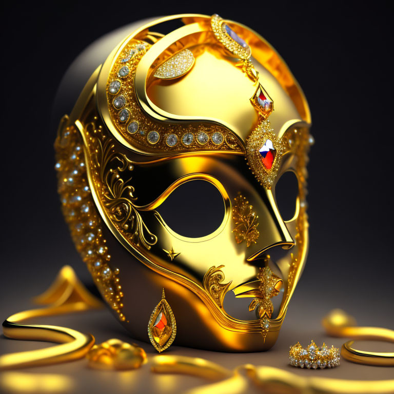 Golden jeweled mask with intricate filigree patterns on reflective surface