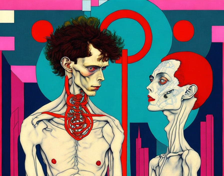 Vibrant surreal artwork with stylized human figures and abstract geometric background