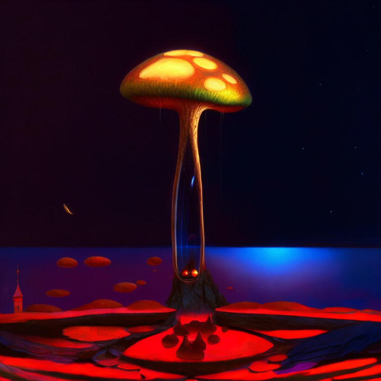 Giant illuminated mushroom in surreal red landscape