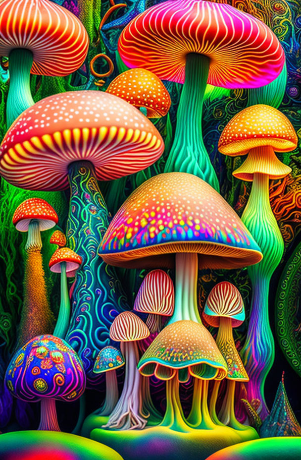 Colorful psychedelic digital art featuring patterned mushrooms on detailed abstract background