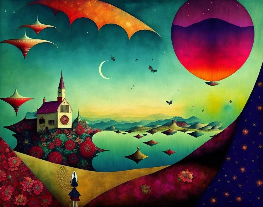 Colorful Landscape with Church, Rolling Hills, Starry Sky, Hot Air Balloons, and