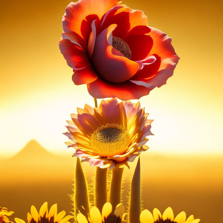 Vibrant flowers with sunset backdrop and mountain silhouette