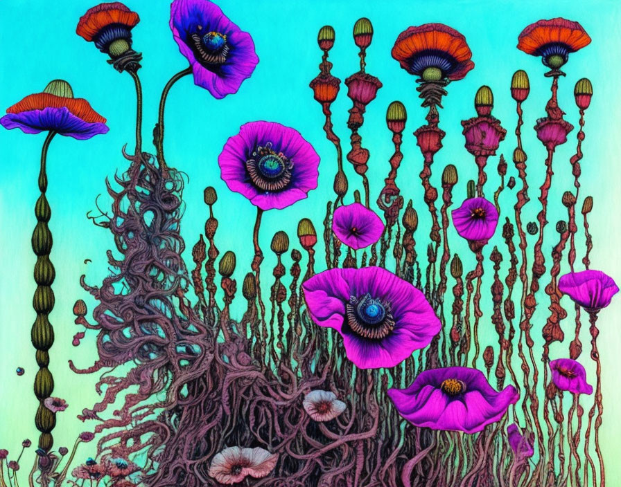 Colorful surreal poppy illustration on teal background