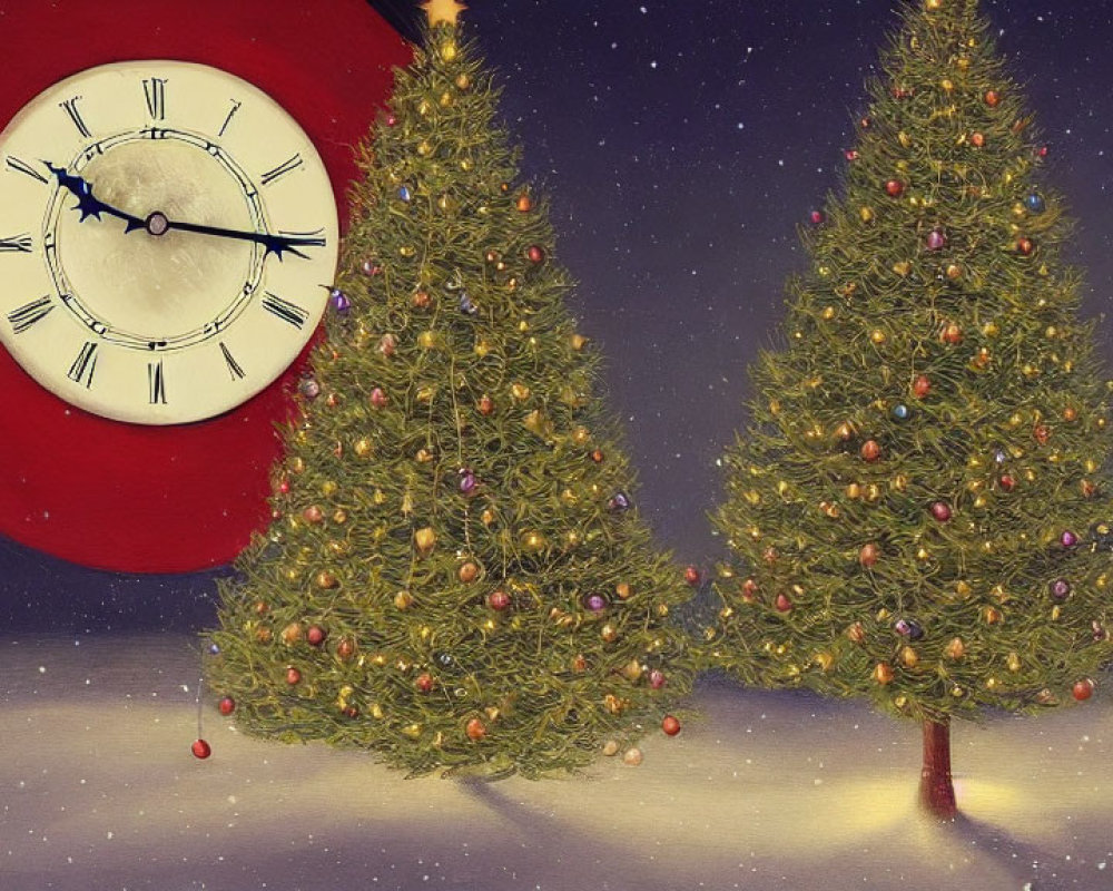 Festive Christmas trees with clock at midnight in starry night illustration