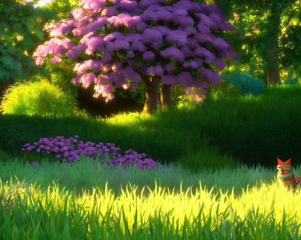 Vibrant purple flowering trees in lush green garden at sunset