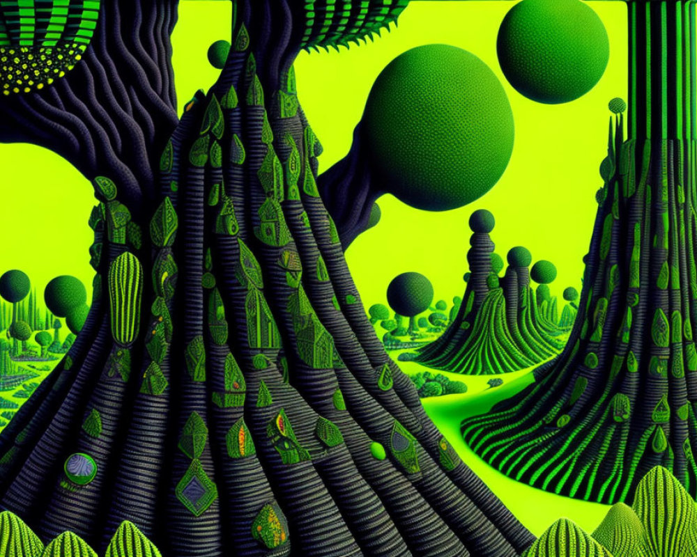 Vibrant Green Psychedelic Landscape with Abstract Trees