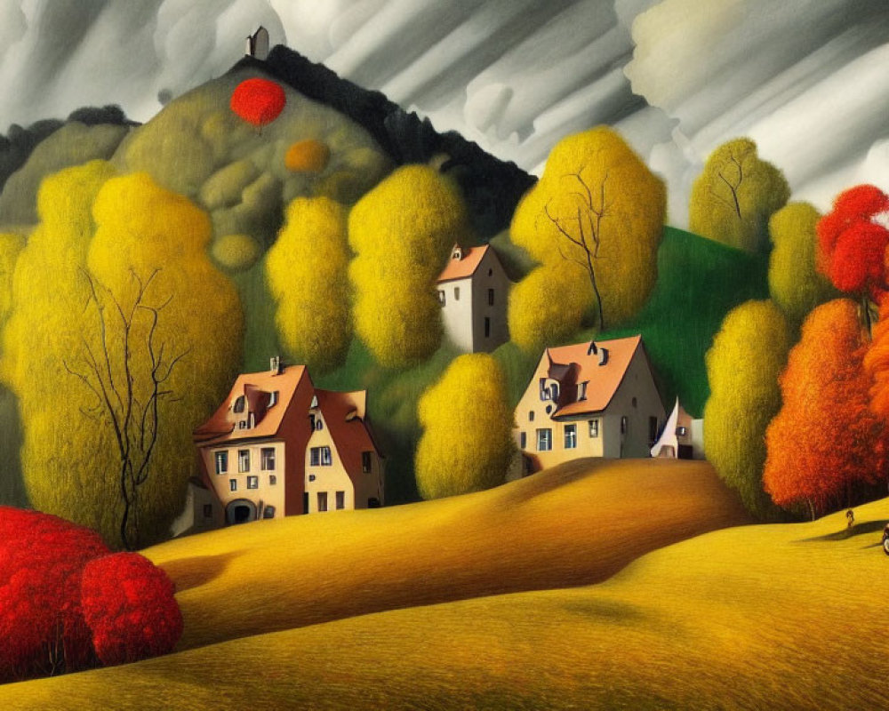 Colorful landscape painting with rolling hills, trees, houses, patterned sky, and solitary figure.