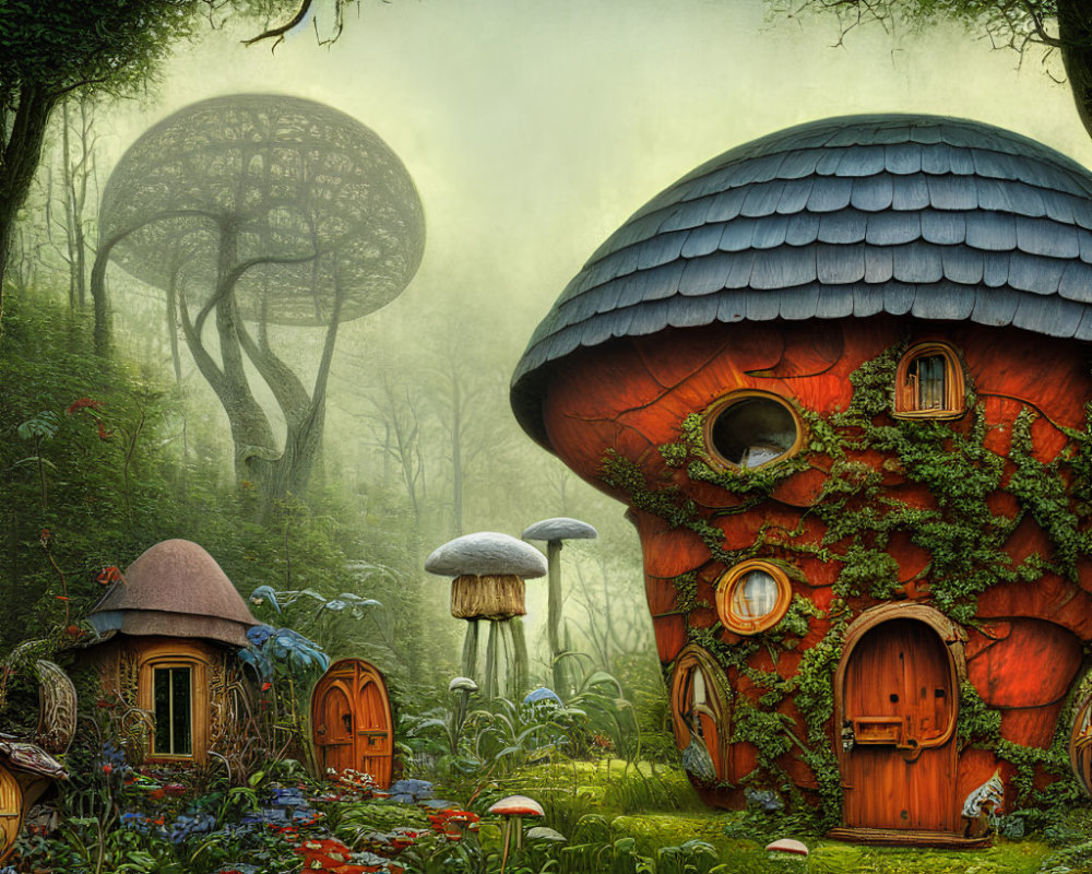 Enchanted fantasy forest landscape with mushroom houses and oversized flora