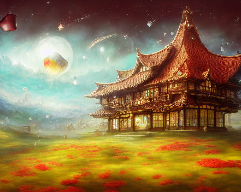 Tranquil Asian pagoda in fantasy landscape with glowing lanterns