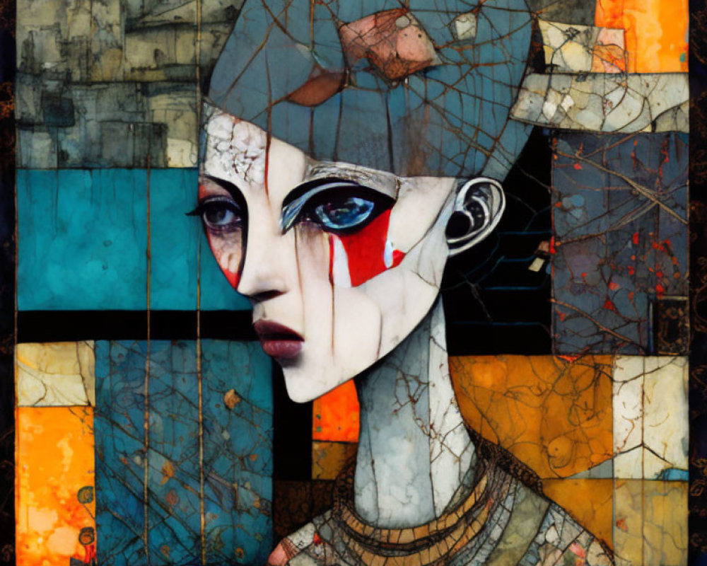 Colorful Geometric Portrait with Tear of Red - Avant-Garde Mosaic Style