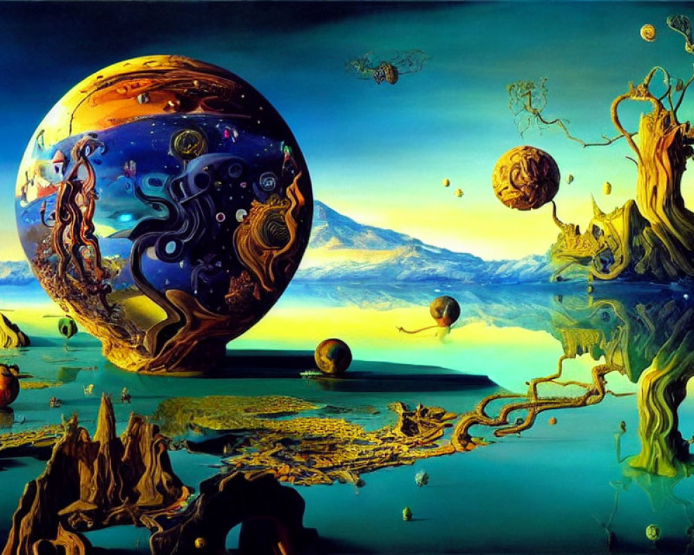 Colorful surreal landscape with detailed orb and mountains.