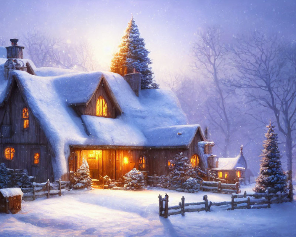 Snow-covered cottage with warm glow in twilight setting among snow-laden trees