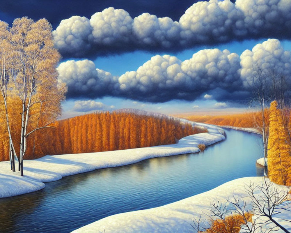 Winter Landscape: River, Snow, Autumn Trees, Cloudy Sky