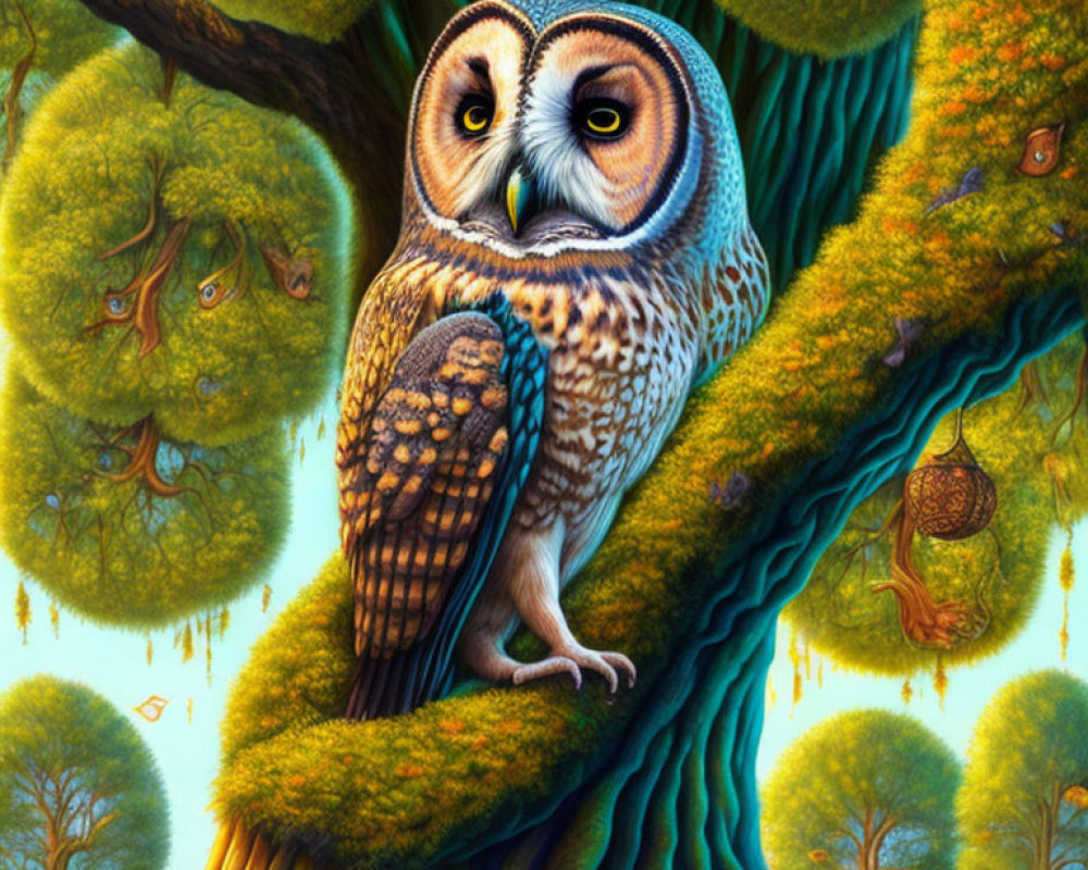 Detailed lifelike owl perched in lush forest with intricate textures