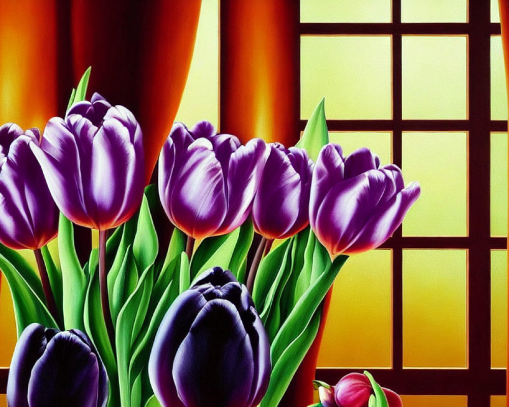 Purple Tulips Painting by Luminous Window with Crosshatched Design