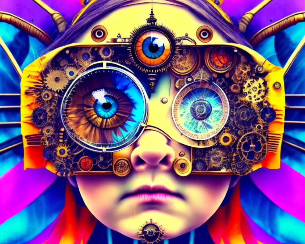 Colorful steampunk goggles portrait against vibrant background