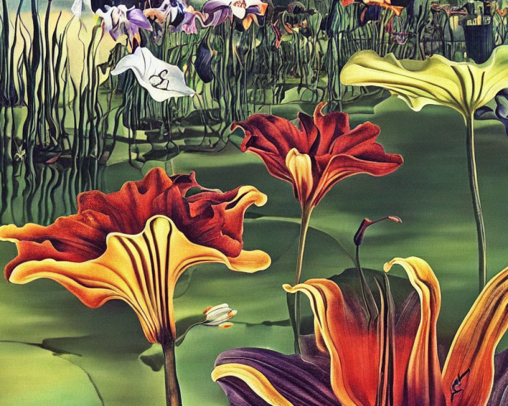 Colorful painting of oversized trumpet-shaped flowers in surreal setting with green backdrop