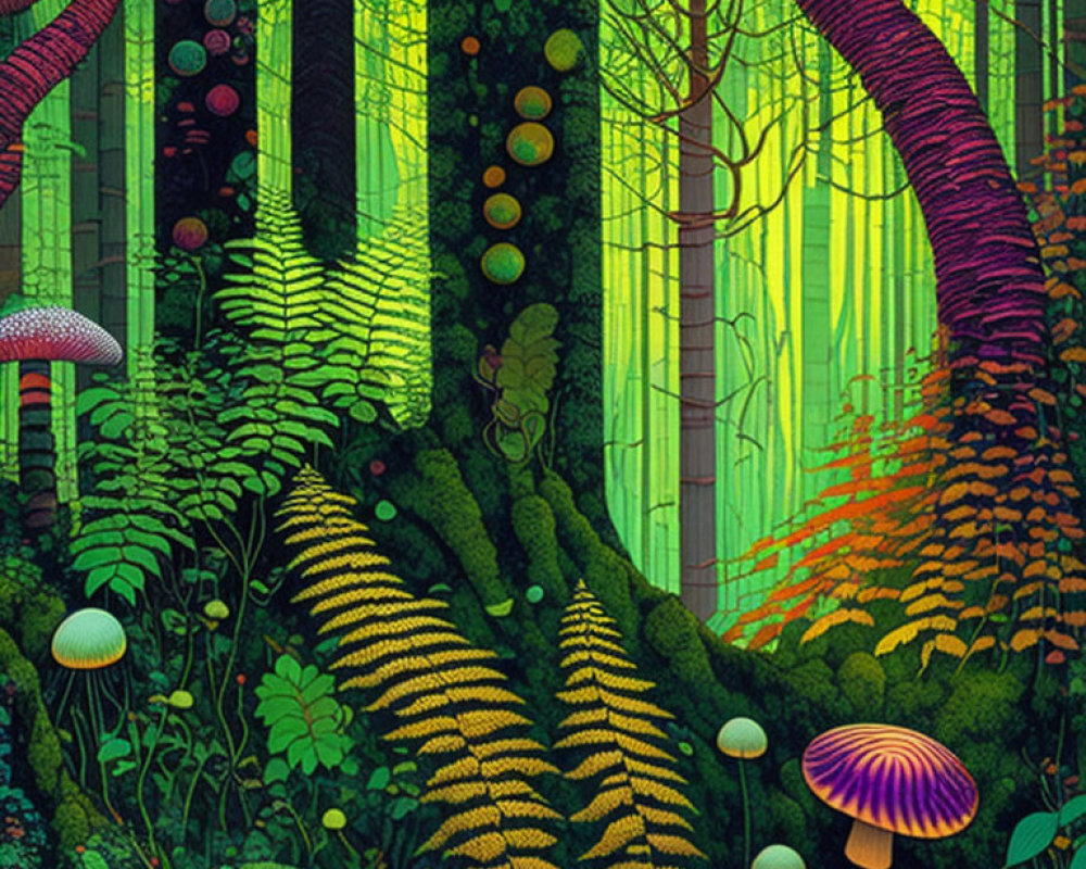 Colorful Psychedelic Forest Illustration with Oversized Fungi and Neon Trees