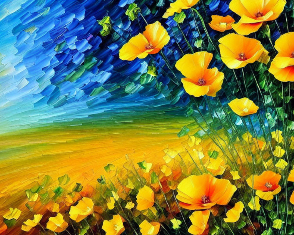 Colorful oil painting of bright yellow poppies in textured field with dynamic blue sky.