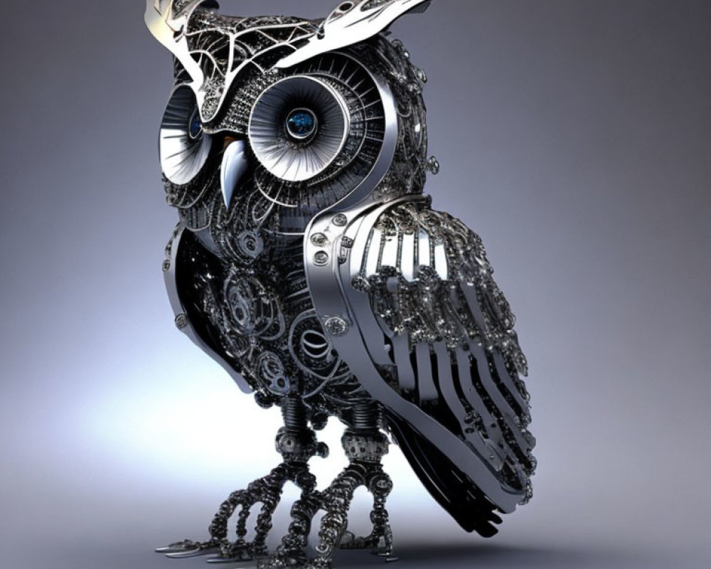 Detailed 3D rendering of mechanical owl with intricate gears and metal components