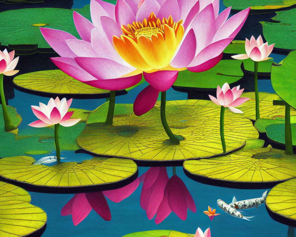 Colorful digital artwork featuring lotus flowers, lily pads, and fish in water