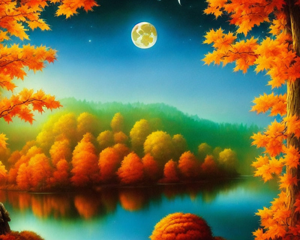 Scenic autumn landscape with lake, hills, and full moon