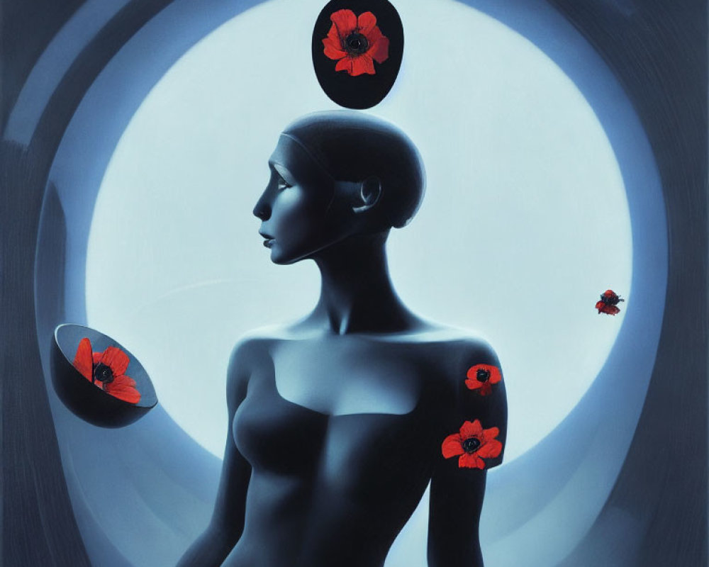 Surreal portrait featuring person with blue skin and red poppies