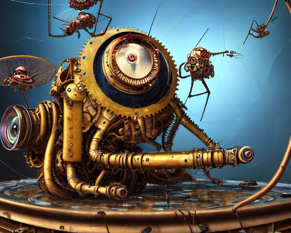 Steampunk scene with mechanical insects and cog-laden creature in intricate machinery