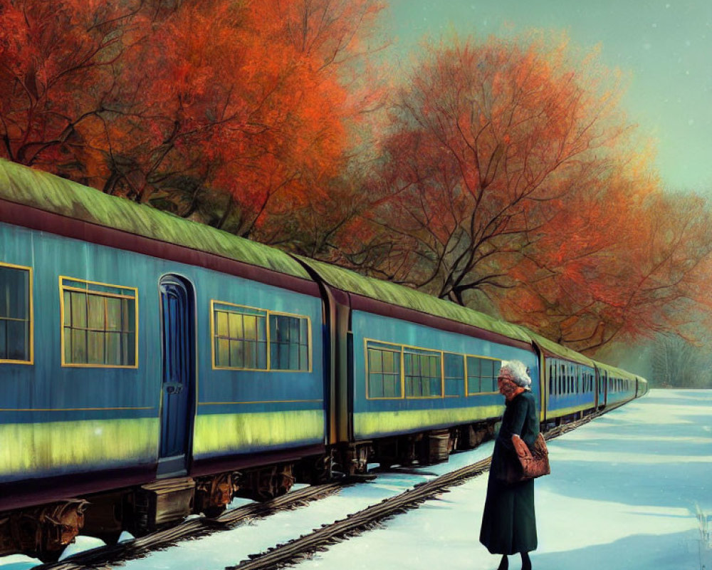 Elderly Woman at Vintage Blue Train in Snowy Landscape