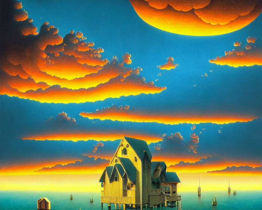 Vibrant orange and blue surreal landscape with oversized moon and stilted houses