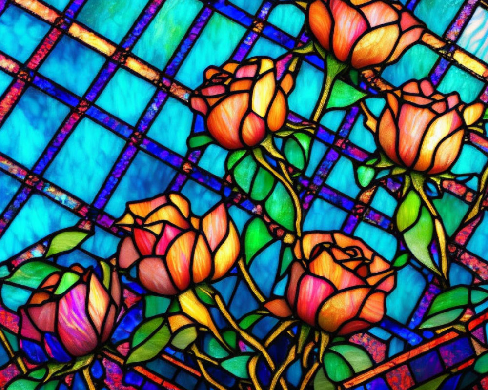 Colorful rose pattern on stained glass window against blue mosaic background