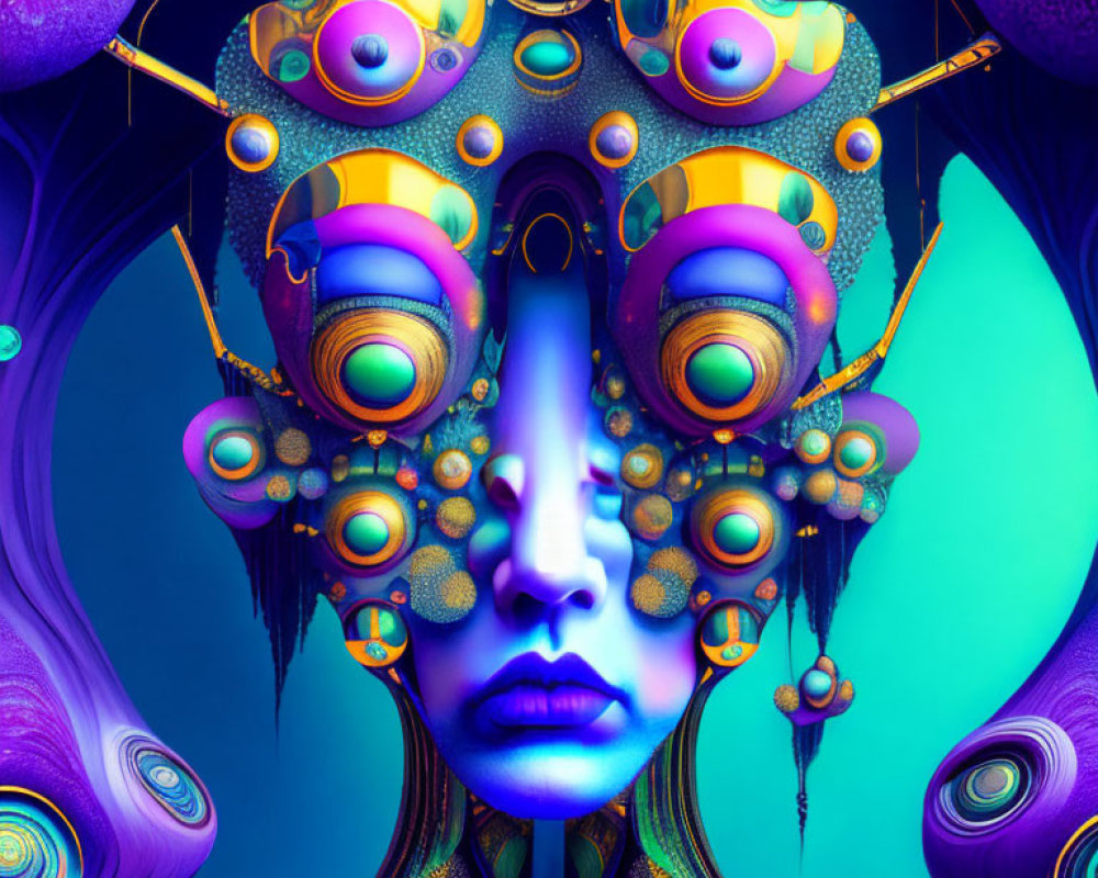 Futuristic female figure with blue skin and ornate headdress