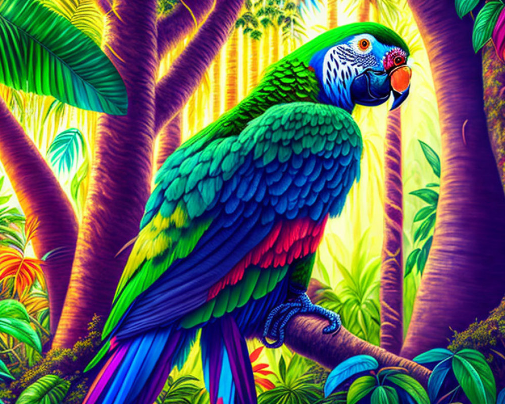 Colorful Parrot Perched in Lush Tropical Forest