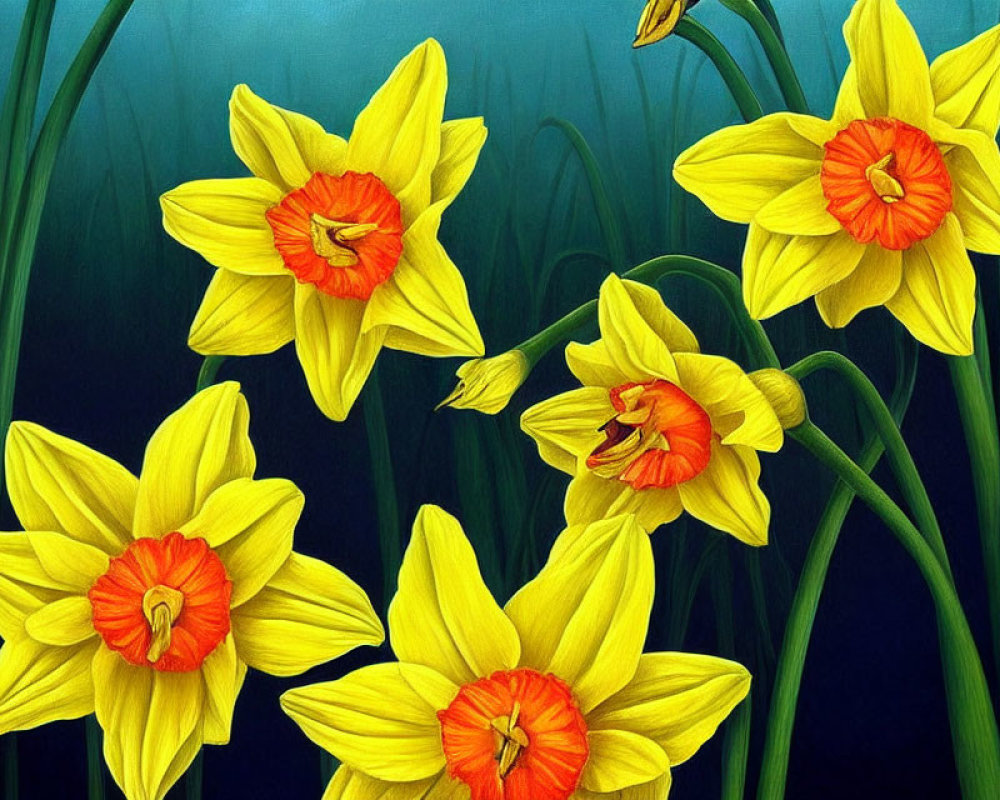 Vibrant yellow daffodils with orange centers on dark green backdrop