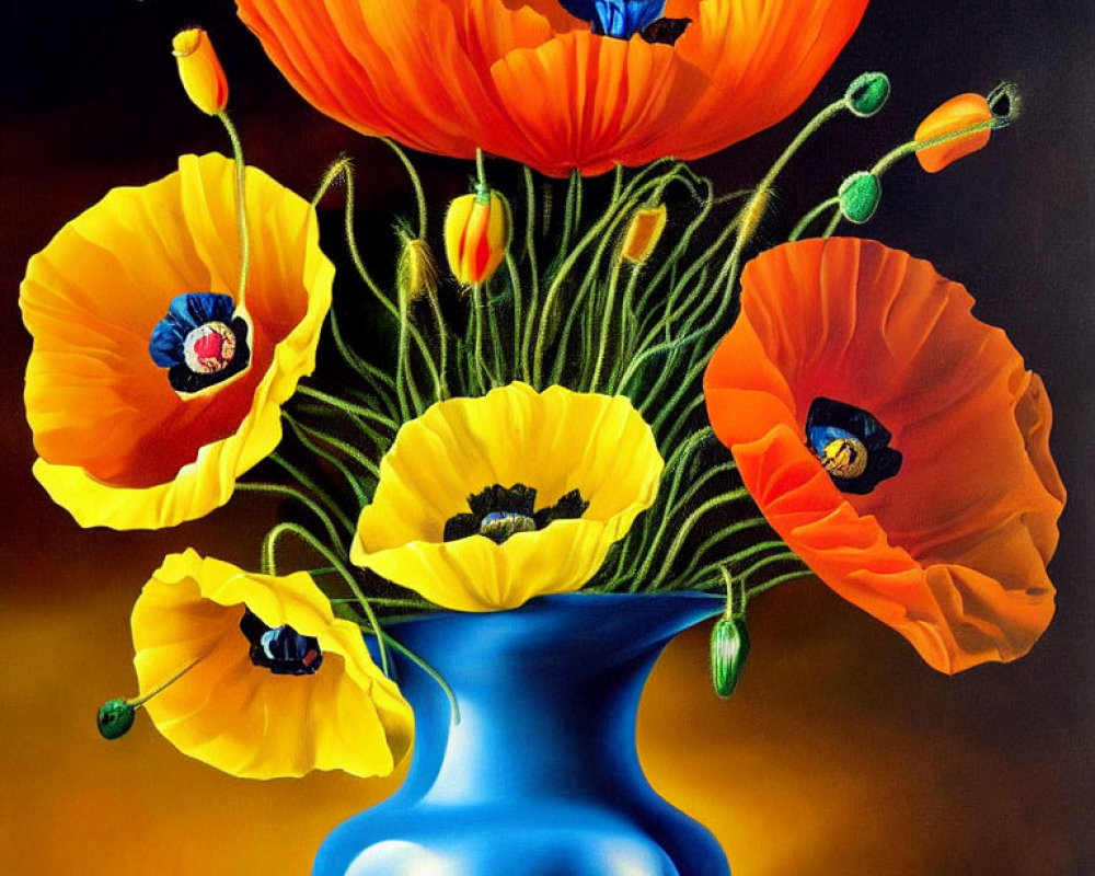 Colorful painting of yellow and red-orange poppies in blue vase