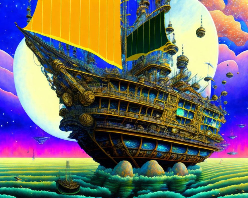 Large ornate ship flying above colorful alien landscape with moons & smaller vessels