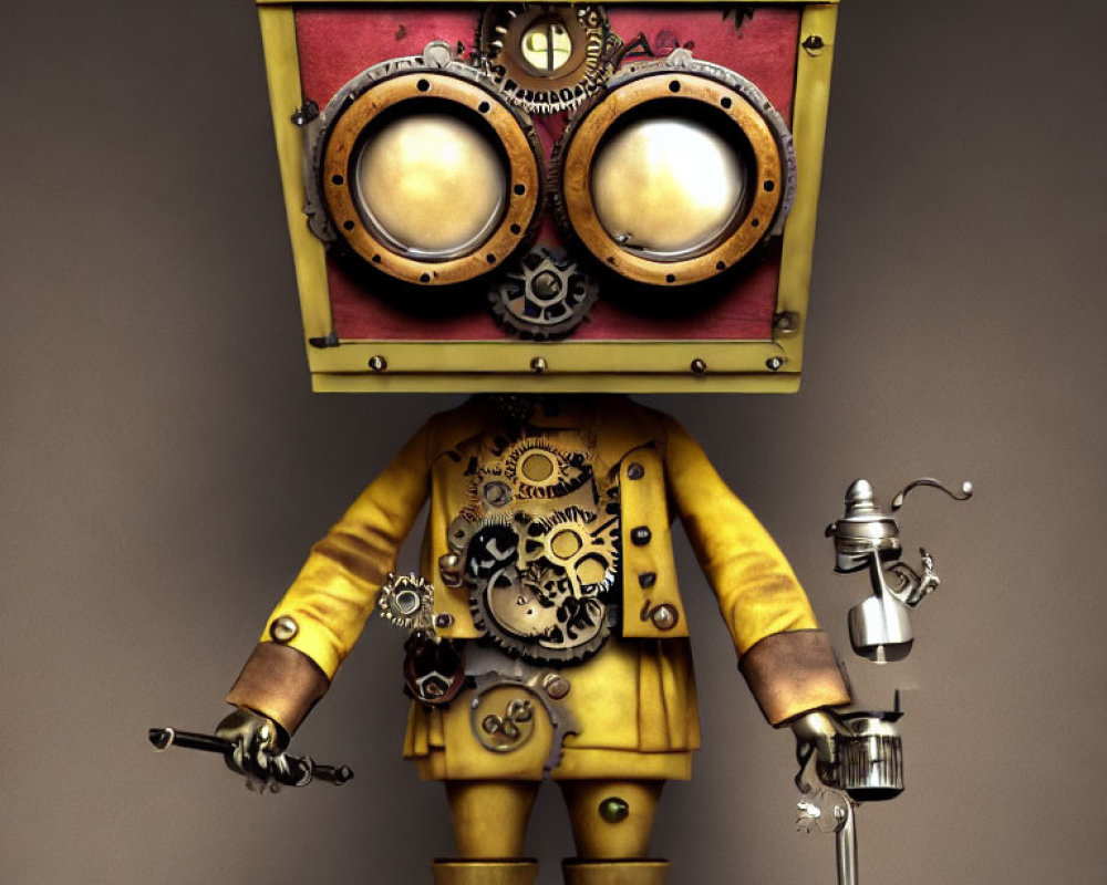 Steampunk robot in yellow jacket holding teapot