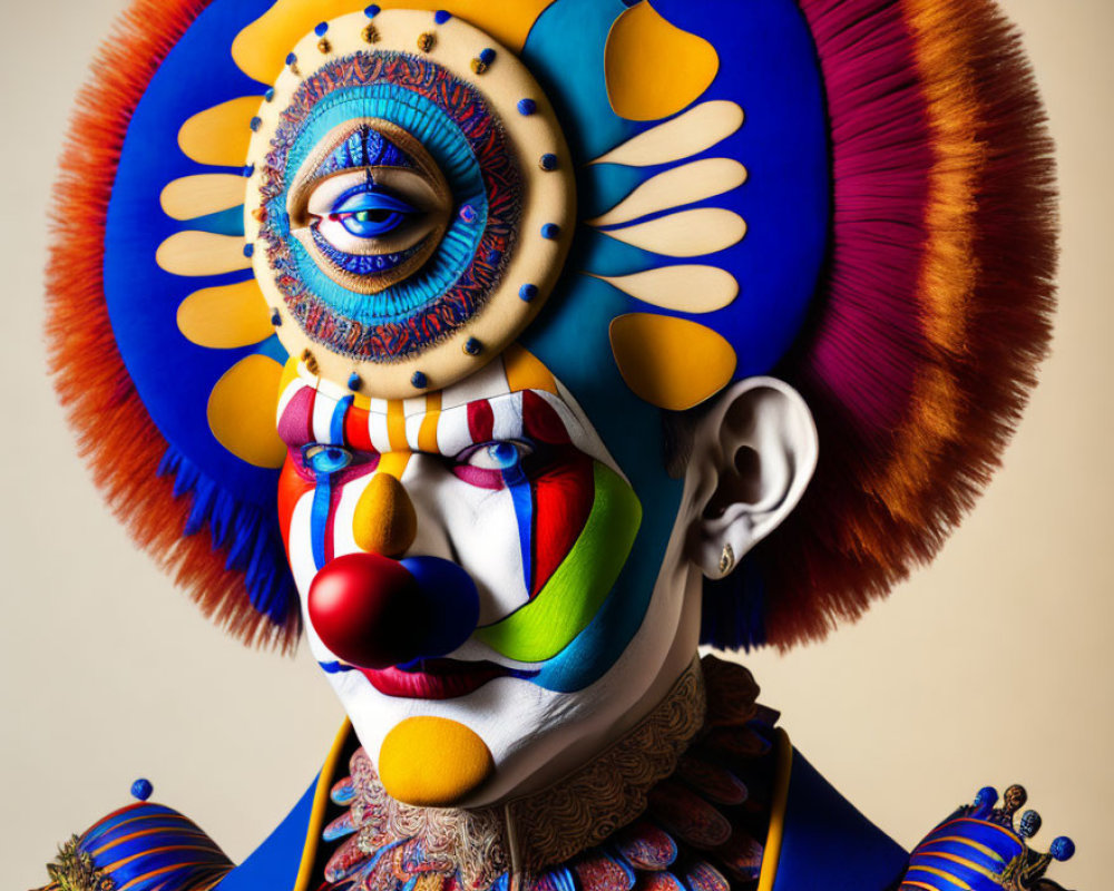 Colorful clown with intricate face paint and eye design headdress