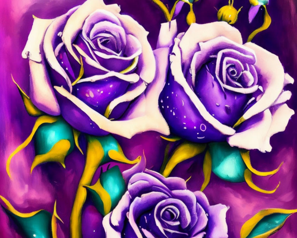 Colorful painting of purple roses with white speckles on magenta background